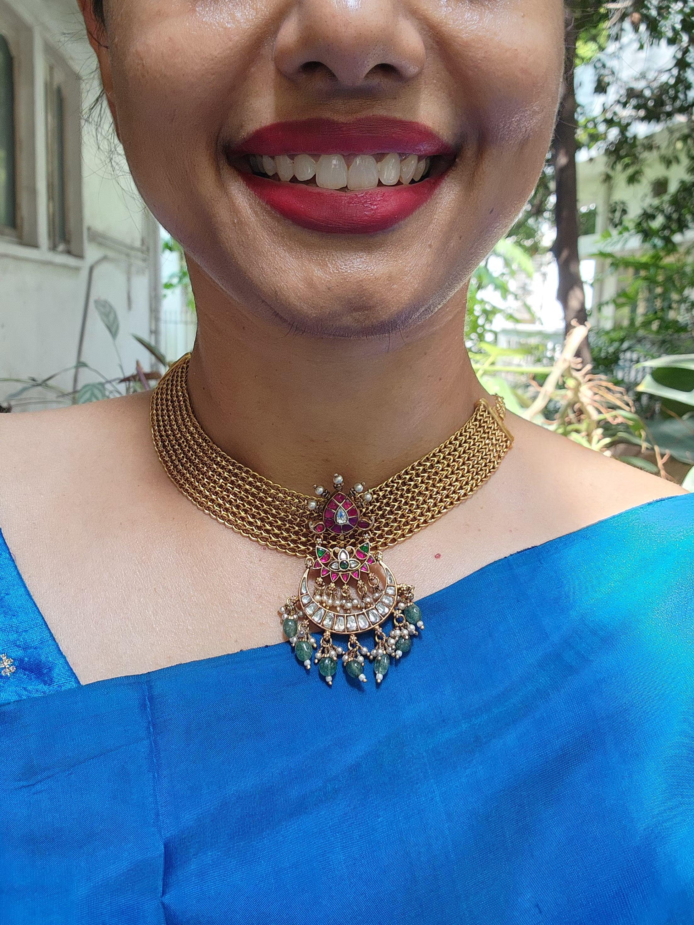 Mesh necklace with detachable kundan, ruby, emerald with pearls & jade beads pendant-Silver Neckpiece-CI-House of Taamara