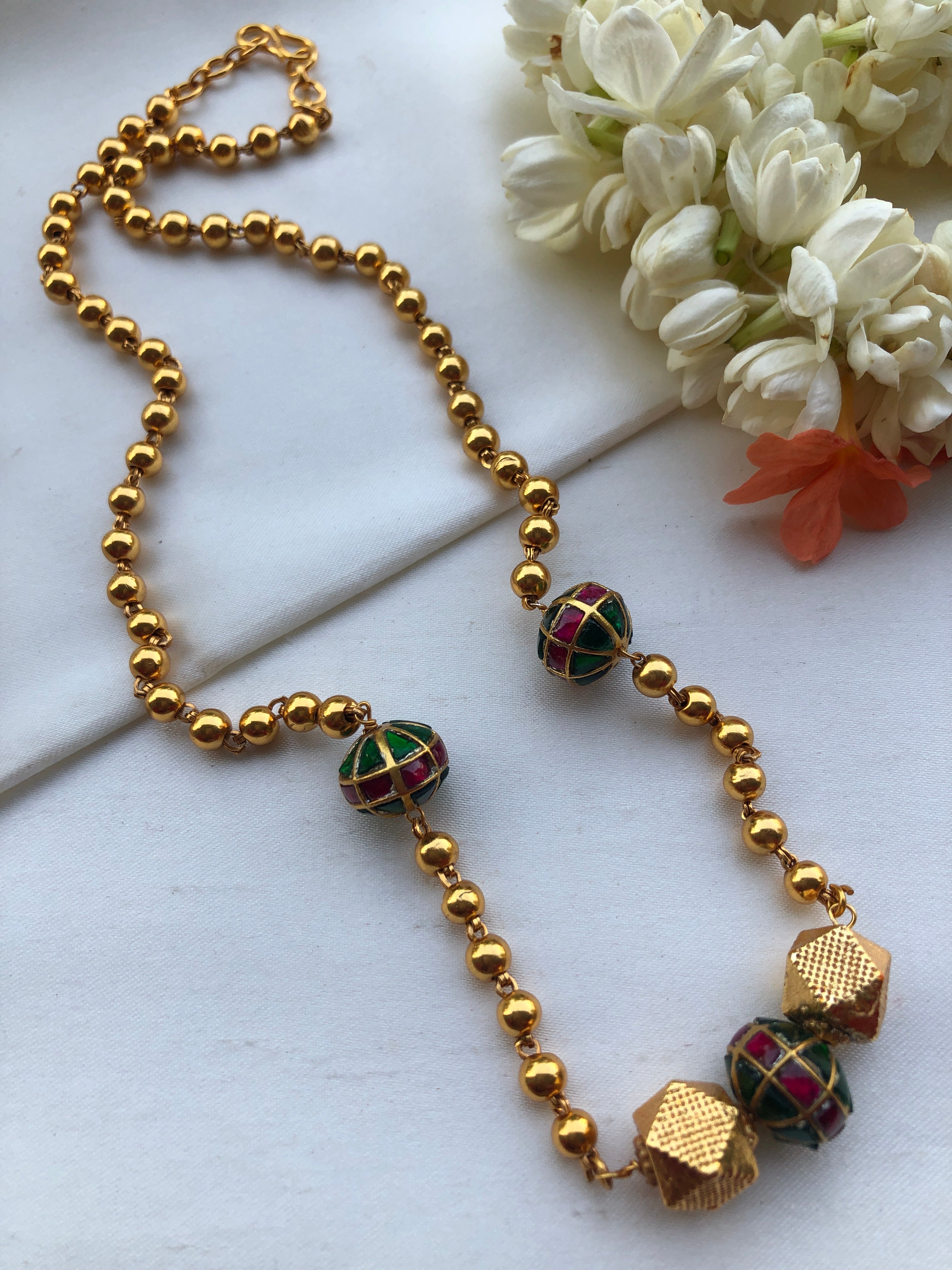 Mohan mala with green, ruby & antique style gold beads-Silver Neckpiece-PL-House of Taamara