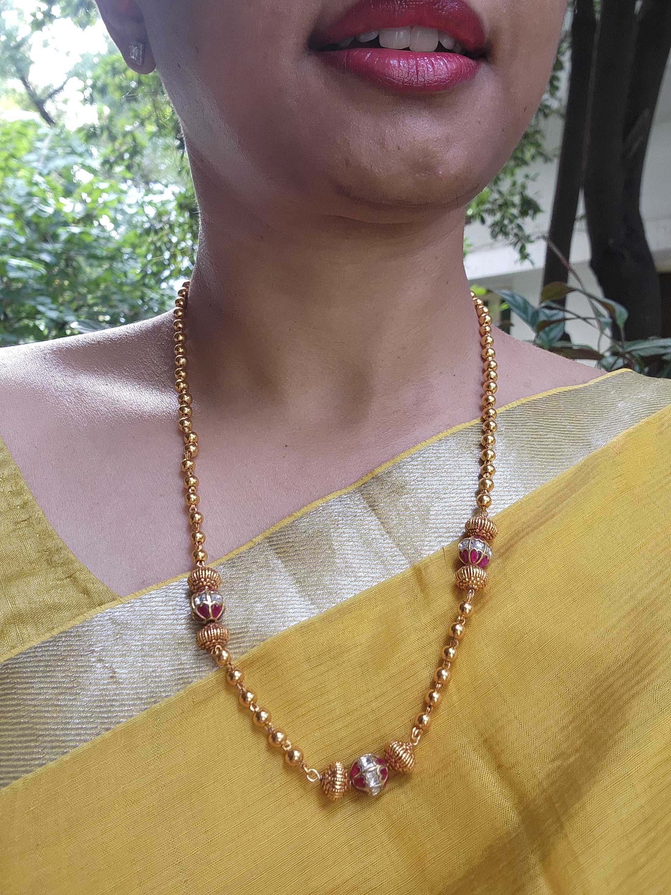 Mohan mala with kundan ruby beads & gold beads-Silver Neckpiece-PL-House of Taamara