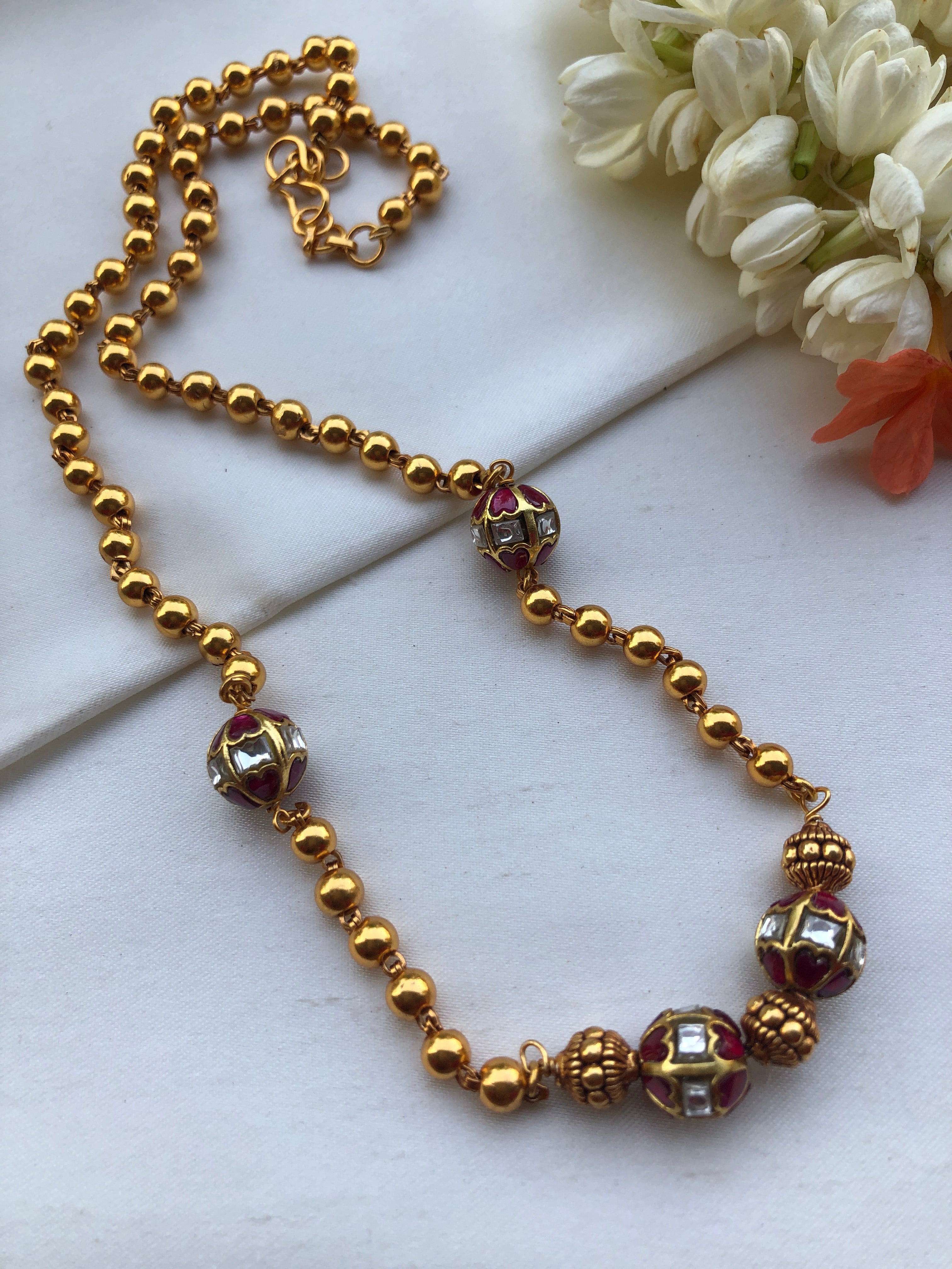 Mohan mala with kundan & ruby beads with astapatti beads-Silver Neckpiece-PL-House of Taamara