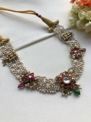 Moti patti necklace with kundan motifs-Silver Neckpiece-PL-House of Taamara