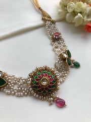 Moti patti necklace with kundan motifs-Silver Neckpiece-PL-House of Taamara