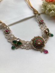 Moti patti necklace with kundan motifs-Silver Neckpiece-PL-House of Taamara
