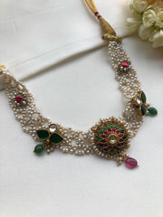 Moti patti necklace with kundan motifs-Silver Neckpiece-PL-House of Taamara