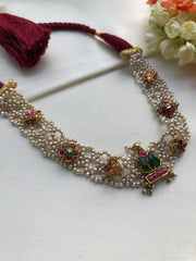 Moti patti necklace with kundan motifs-Silver Neckpiece-PL-House of Taamara