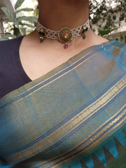 Moti patti necklace with kundan motifs-Silver Neckpiece-PL-House of Taamara