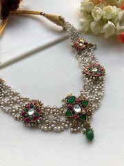Moti patti necklace with kundan motifs-Silver Neckpiece-PL-House of Taamara