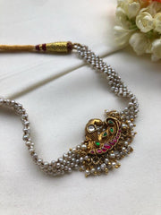 Moti patti necklace with kundan motifs-Silver Neckpiece-PL-House of Taamara