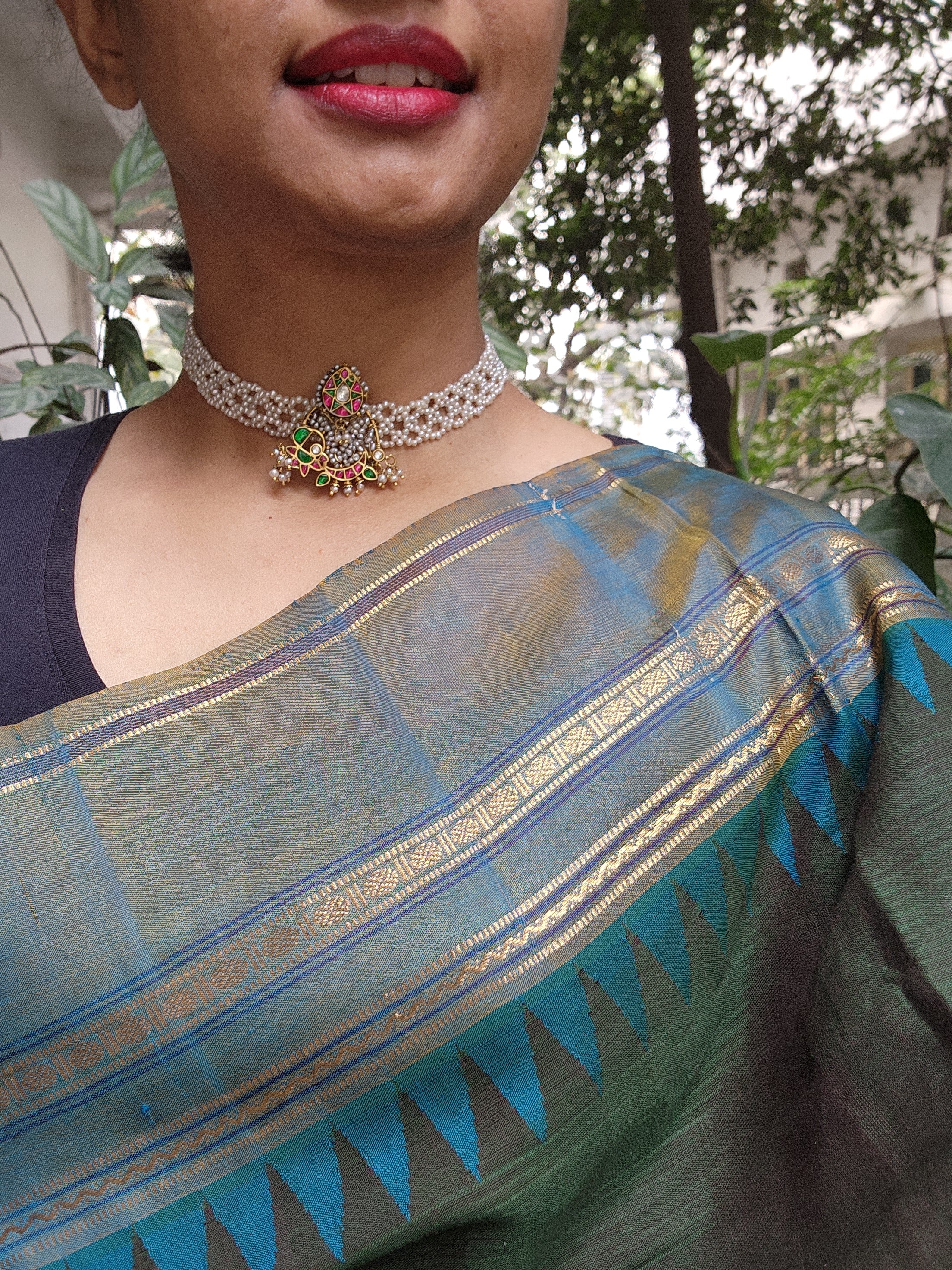 Moti patti necklace with kundan motifs-Silver Neckpiece-PL-House of Taamara