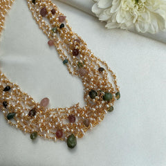 Multi tourmalines with pearl bunch mala-Silver Neckpiece-PL-House of Taamara