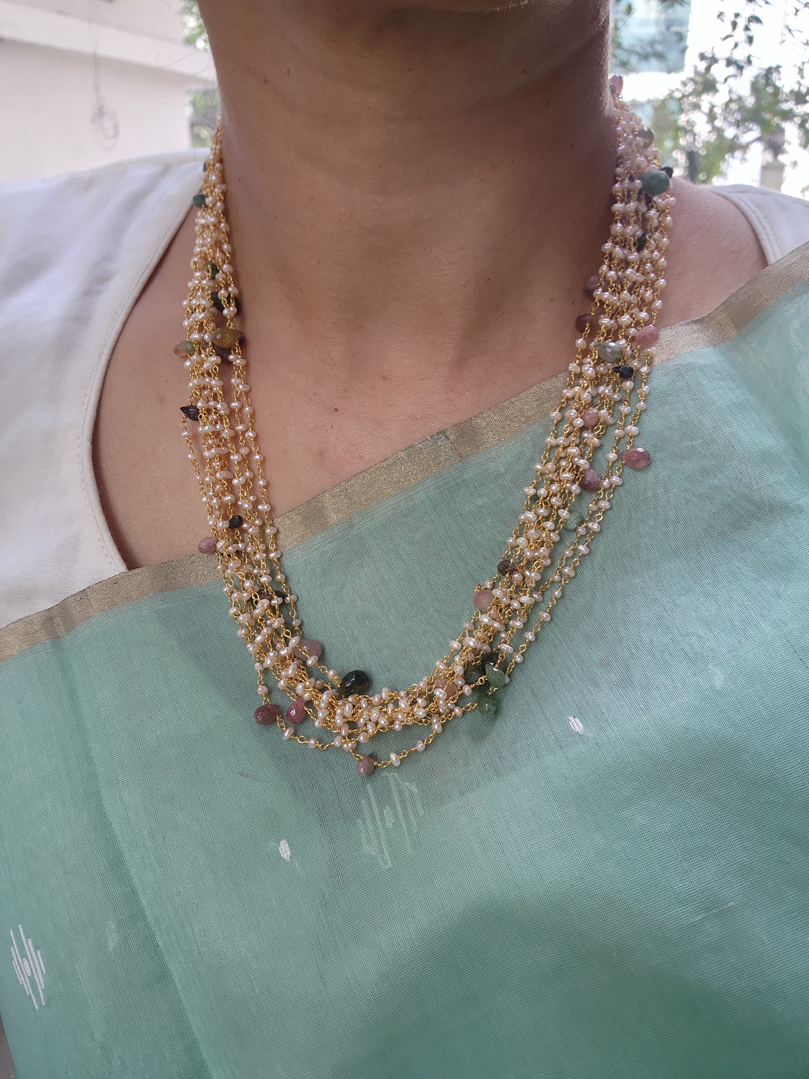 Multi tourmalines with pearl bunch mala-Silver Neckpiece-PL-House of Taamara