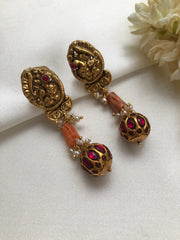 Nakash earrings with coral & kundan ruby bead drop-Earrings-PL-House of Taamara