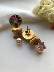 Navaratn round with gundu and pearl drop-Earrings-PL-House of Taamara