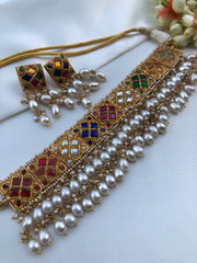 Navratan Kundan Choker with oval pearls with earrings, SET-Silver Neckpiece-PL-House of Taamara