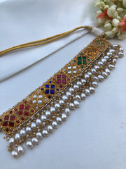 Navratan Kundan Choker with oval pearls with earrings, SET-Silver Neckpiece-PL-House of Taamara