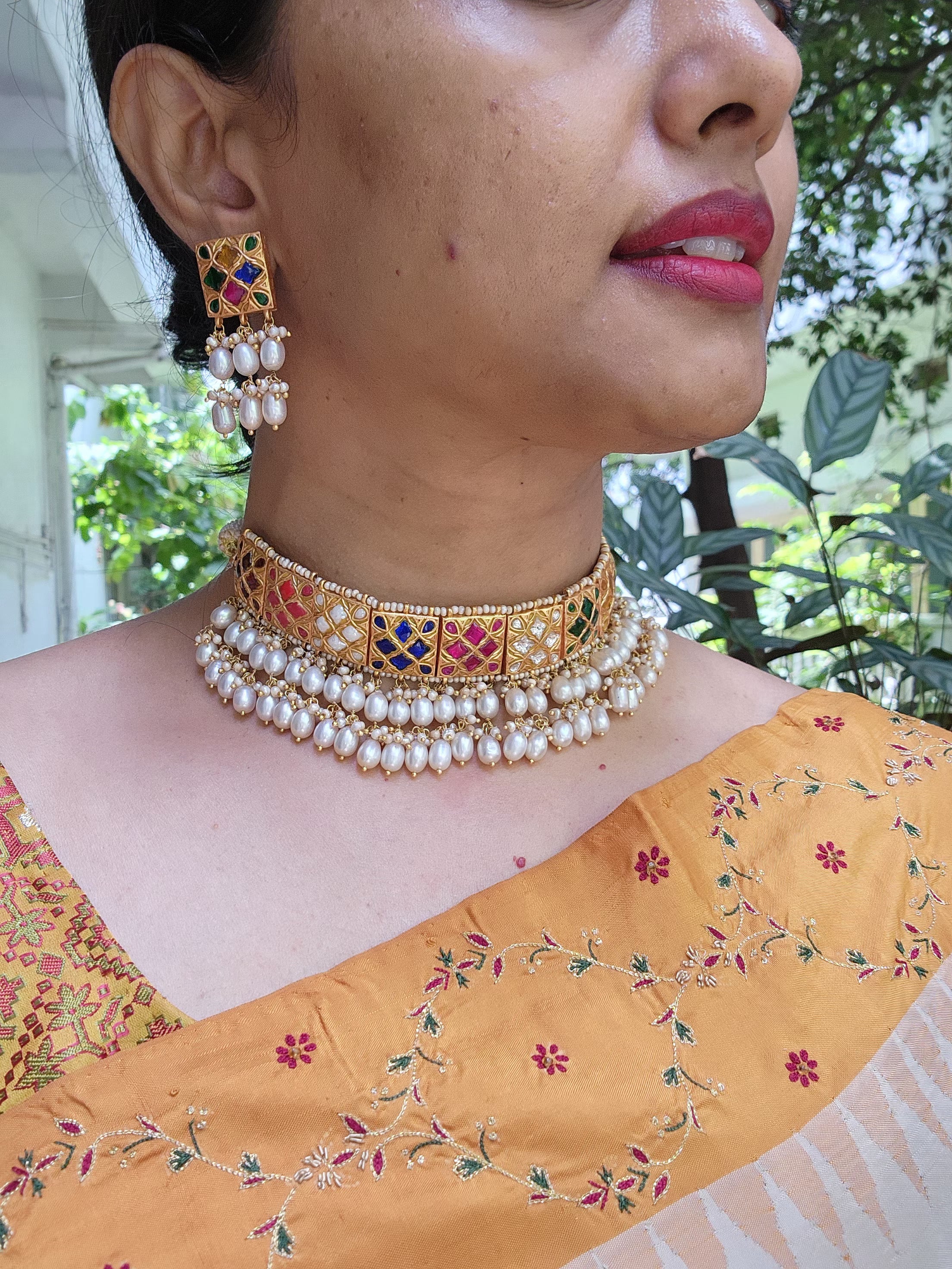 Navratan Kundan Choker with oval pearls with earrings, SET-Silver Neckpiece-PL-House of Taamara