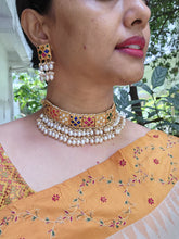 Navratan Kundan Choker with oval pearls with earrings, SET-Silver Neckpiece-PL-House of Taamara