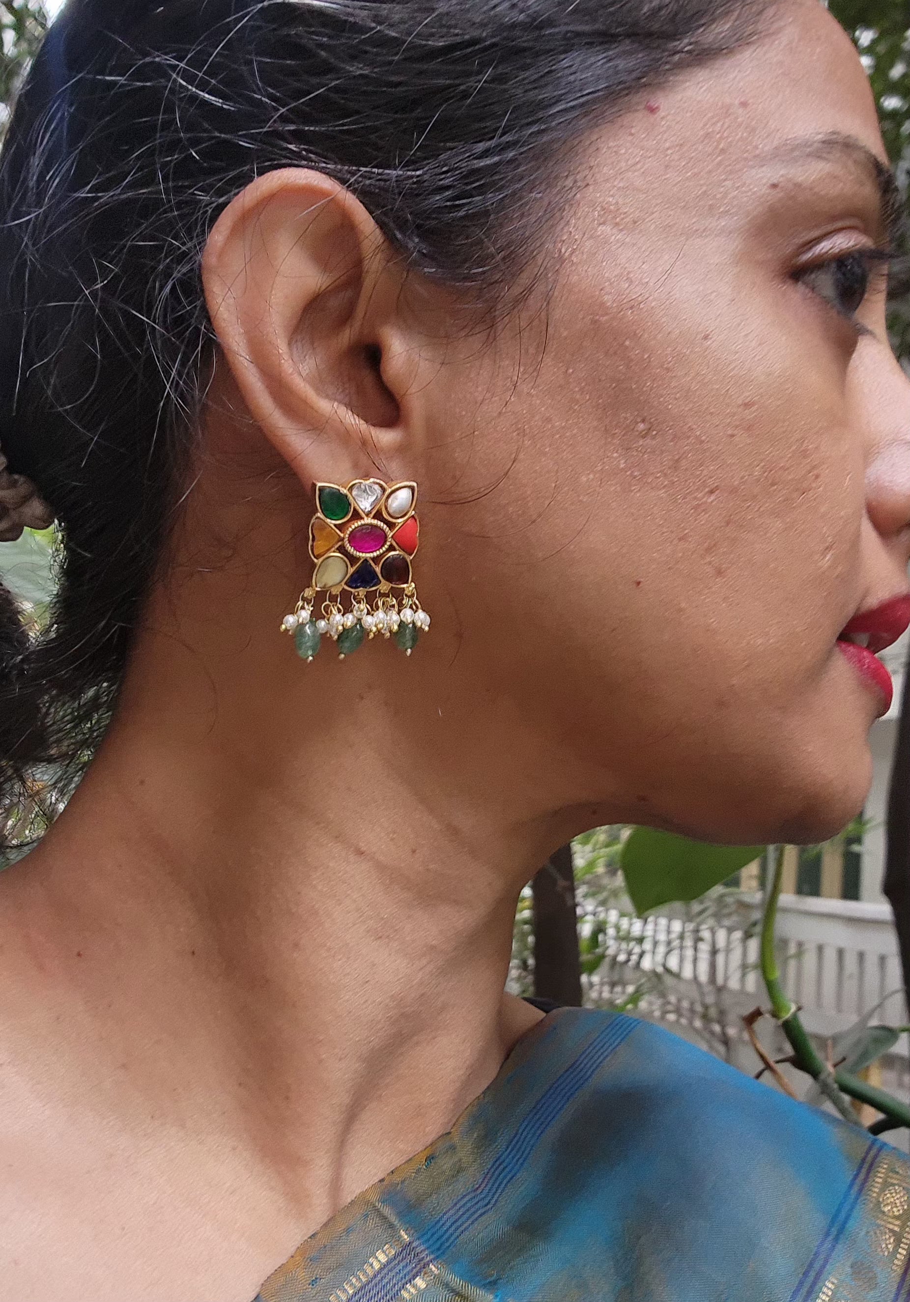 Navratan earrings with green beads-Earrings-PL-House of Taamara