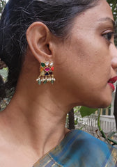 Navratan earrings with green beads-Earrings-PL-House of Taamara