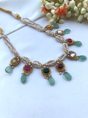 Navratan kundan with antique style pearls & green beads necklace-Silver Neckpiece-PL-House of Taamara
