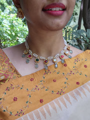 Navratan kundan with antique style pearls & green beads necklace-Silver Neckpiece-PL-House of Taamara
