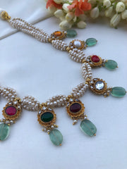 Navratan kundan with antique style pearls & green beads necklace-Silver Neckpiece-PL-House of Taamara