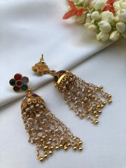 Navratn jhumkas with pearls and beads long earrings-Earrings-PL-House of Taamara