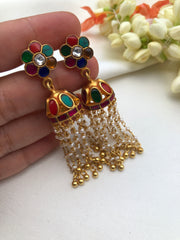 Navratn jhumkas with pearls and beads long earrings-Earrings-PL-House of Taamara