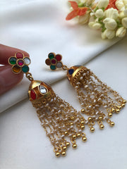 Navratn jhumkas with pearls and beads long earrings-Earrings-PL-House of Taamara
