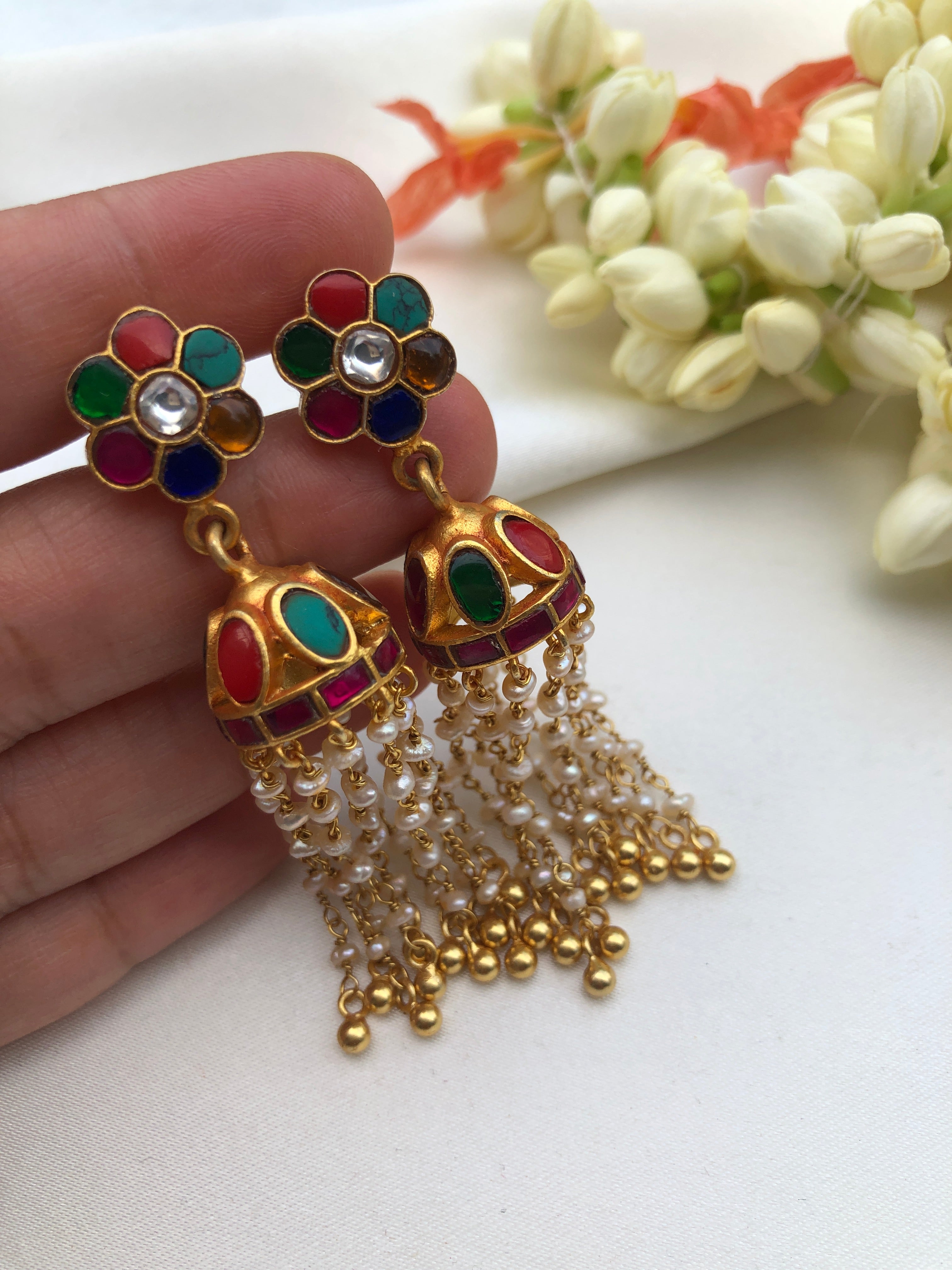 Navratn jhumkas with pearls and beads long earrings-Earrings-PL-House of Taamara