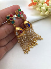 Navratn jhumkas with pearls and beads long earrings-Earrings-PL-House of Taamara