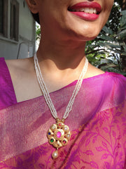 Navratna pendant with 4 line pearls necklace-Silver Neckpiece-PL-House of Taamara