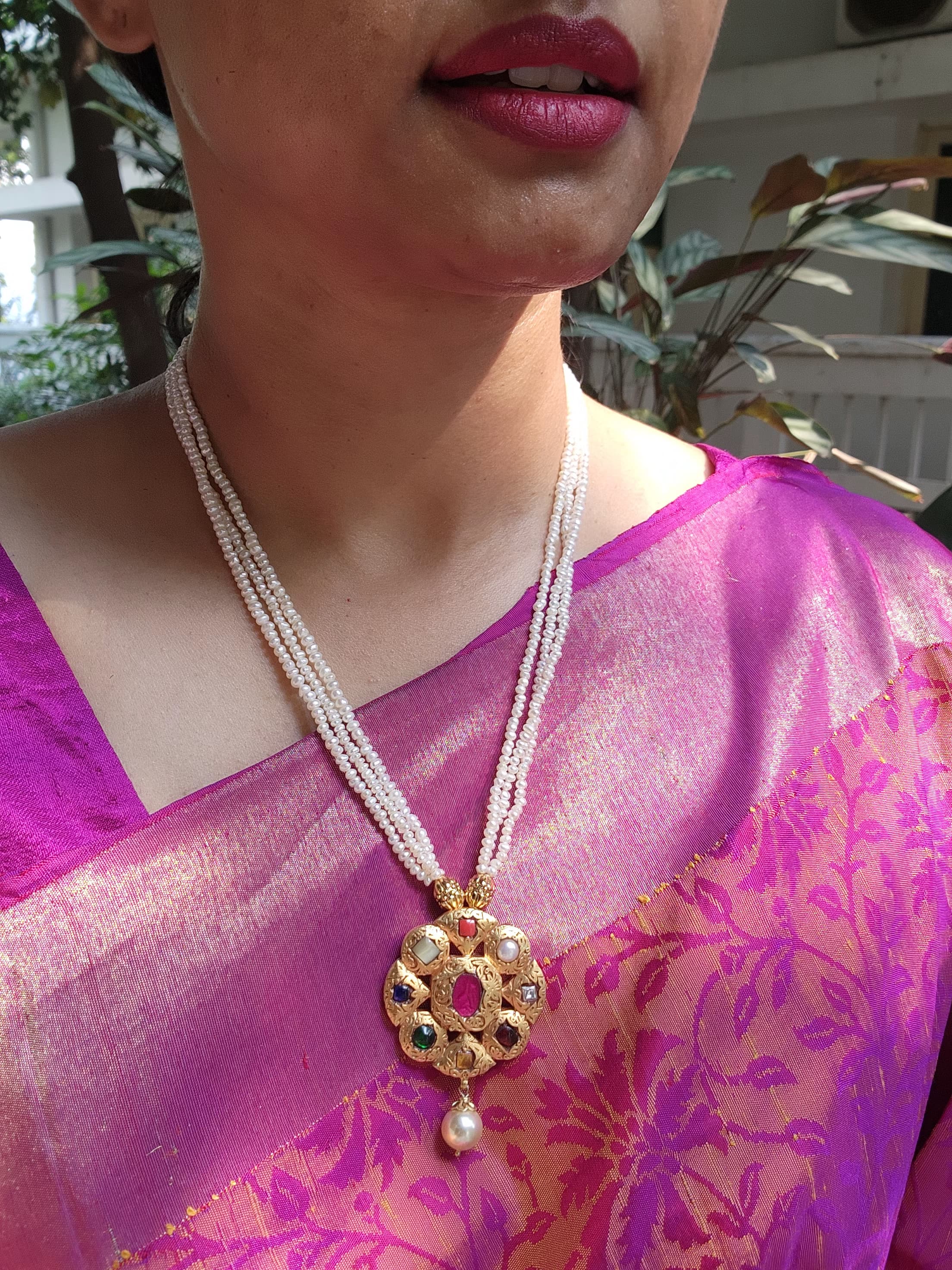 Navratna pendant with 4 line pearls necklace-Silver Neckpiece-PL-House of Taamara