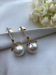 Off-white pearls with zircon leaf earrings-Earrings-PL-House of Taamara