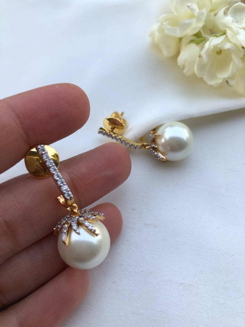 Off-white pearls with zircon leaf earrings-Earrings-PL-House of Taamara