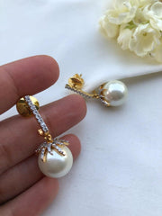 Off-white pearls with zircon leaf earrings-Earrings-PL-House of Taamara