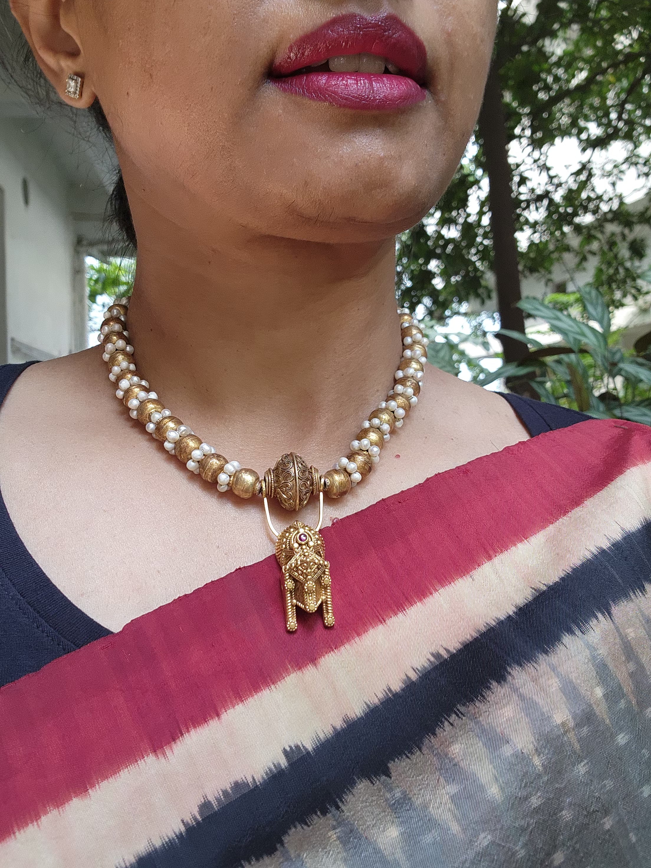 Old antique tali style pendant with pearls and gold beads chain-Silver Neckpiece-CI-House of Taamara