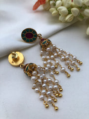 Oval turquoise earrings with jhumkas and pearls long-Earrings-PL-House of Taamara