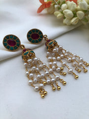 Oval turquoise earrings with jhumkas and pearls long-Earrings-PL-House of Taamara