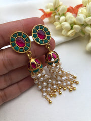 Oval turquoise earrings with jhumkas and pearls long-Earrings-PL-House of Taamara