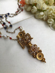 Peacock pendant with coral blue and pearl mala-Silver Neckpiece-pl-House of Taamara