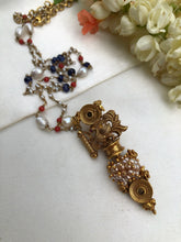 Peacock pendant with coral blue and pearl mala-Silver Neckpiece-pl-House of Taamara