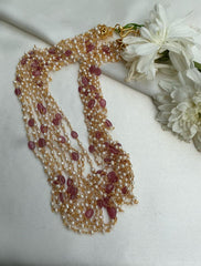 Pearl bunch with ruby Round beads-Silver Neckpiece-CI-House of Taamara