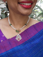Pearl necklace with peacock pendant & kundan inlay work on opal stone-Silver Neckpiece-CI-House of Taamara