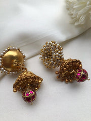 Pearls bunch with jhumka and kundan ruby bead-Earrings-PL-House of Taamara