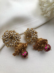 Pearls bunch with jhumka and kundan ruby bead-Earrings-PL-House of Taamara