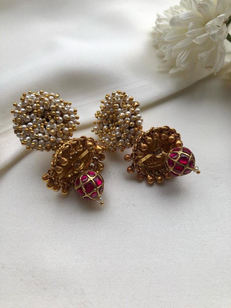 Pearls bunch with jhumka and kundan ruby bead-Earrings-PL-House of Taamara