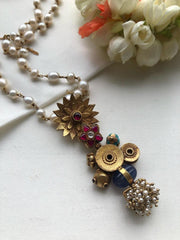 Pearls chain with antique style multicolour flower pendant-Silver Neckpiece-PL-House of Taamara