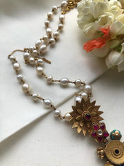 Pearls chain with antique style multicolour flower pendant-Silver Neckpiece-PL-House of Taamara
