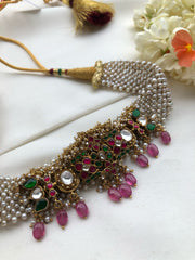 Pearls choker with kundan pendant & bunch pearls-Silver Neckpiece-PL-House of Taamara